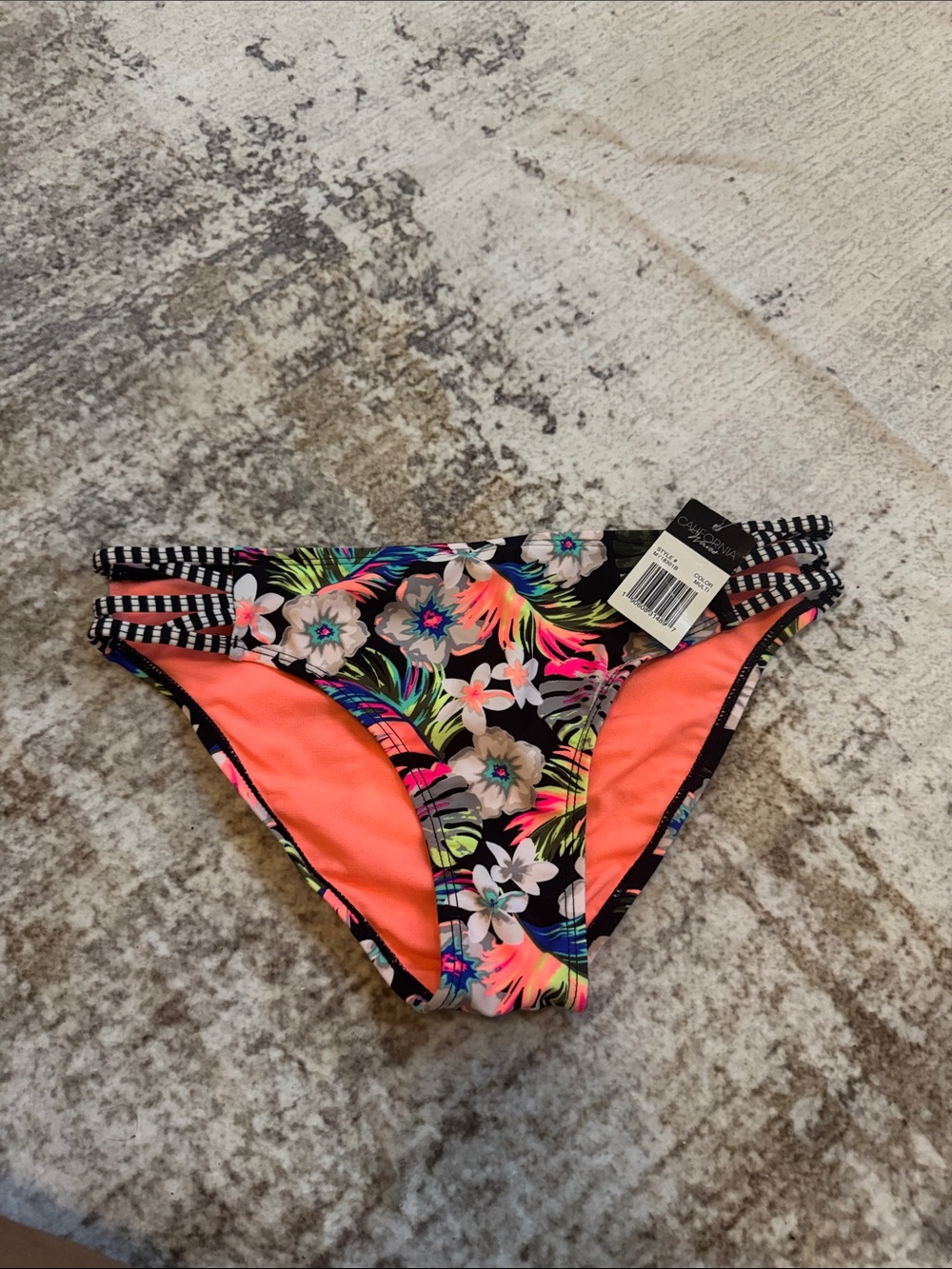 California Waves Floral Neon Coral & Black Striped Bikini Bottom